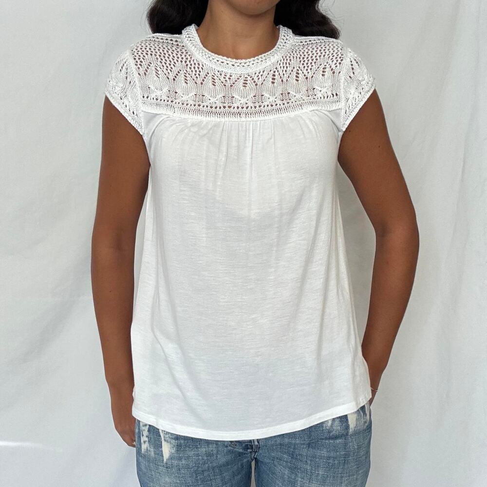 Loft White Crochet Short Sleeve Top Keyhole Back Coquette Cottage